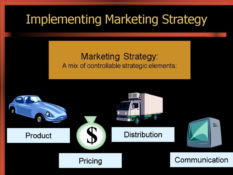 Implementing Marketing Strategy Marketing Strategy: A mix of controllable strategic elements: